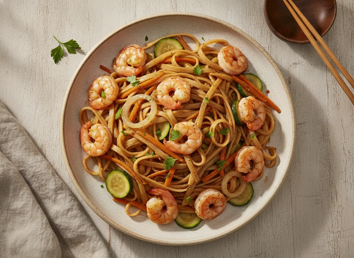 Tallarines salteados con gambas y verduras photo