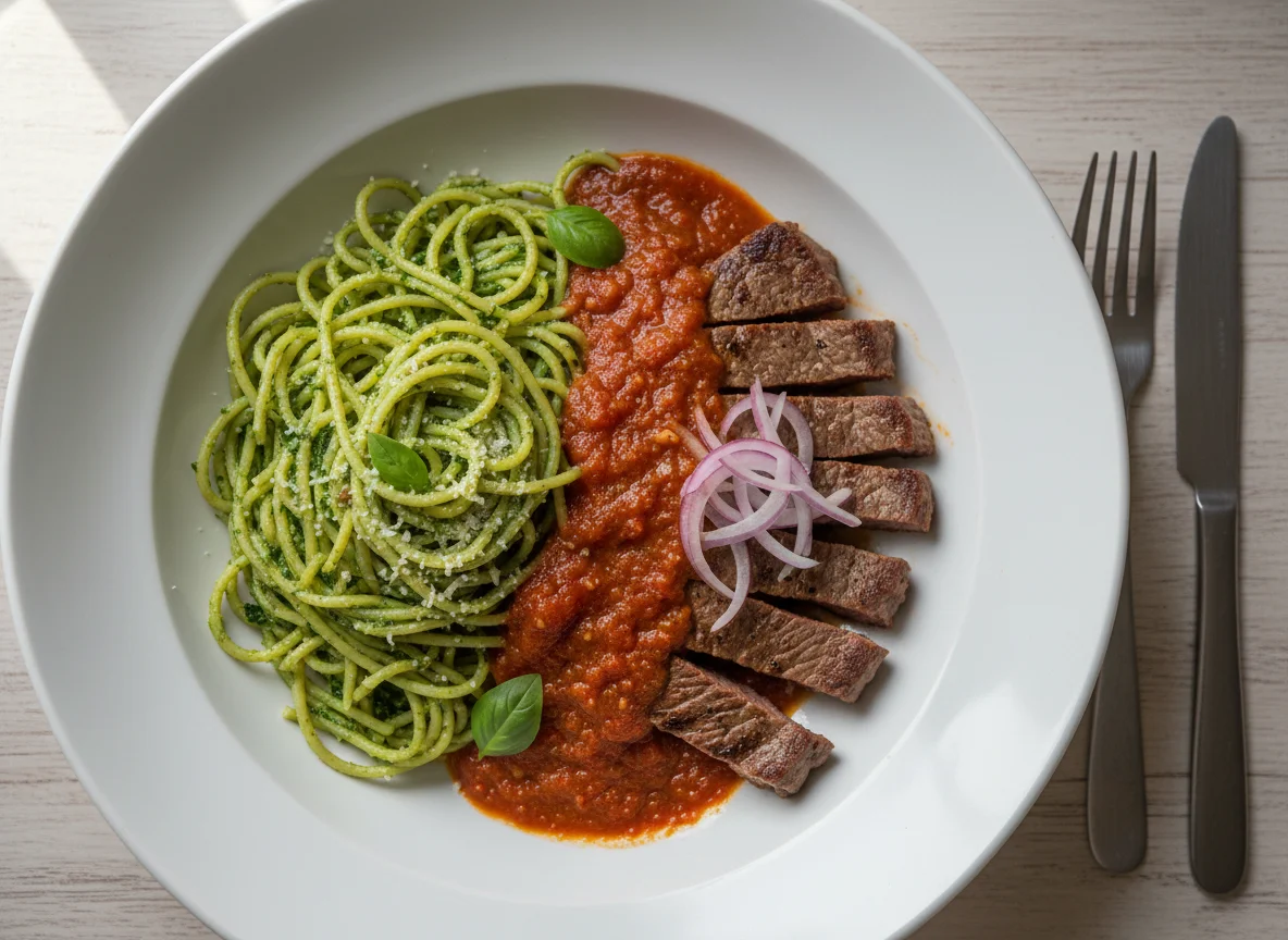 Tallarines Verdes con Bistec y Salsa Roja photo