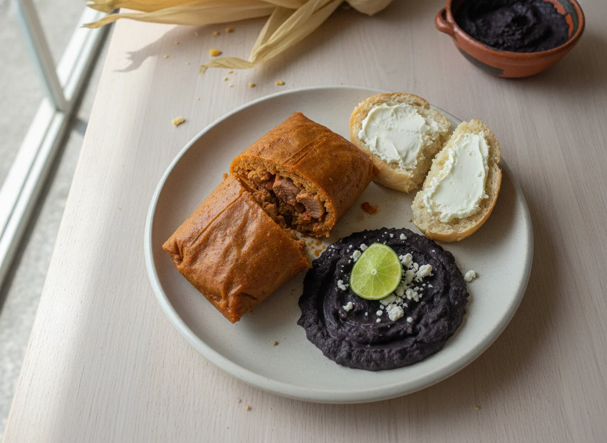 Tamal colorado guatemalteco con pan francés y frijoles photo