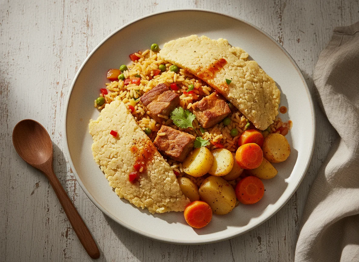 Tamal con carne y arroz photo