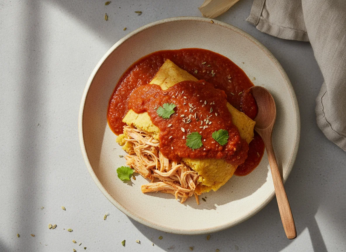 Tamal de pollo con salsa roja photo