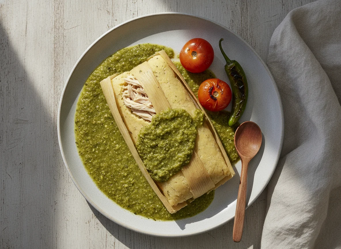 Tamal de pollo con salsa verde photo