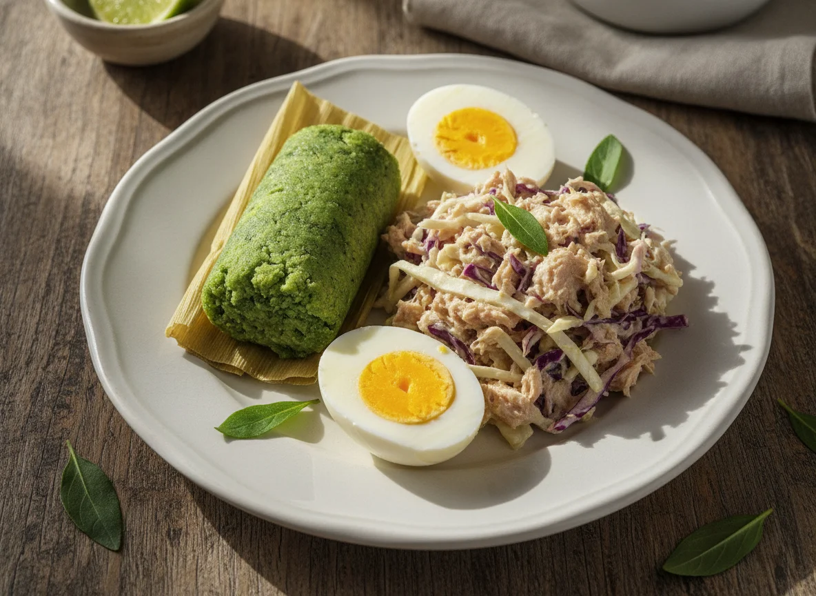 Tamalito de chipilín con ensalada de atún y huevos cocidos photo