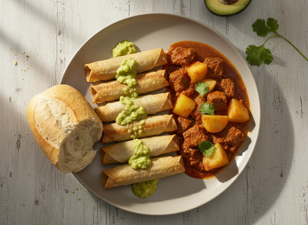 Taquitos con salsa verde, guisado de papa con carne y bolillo photo