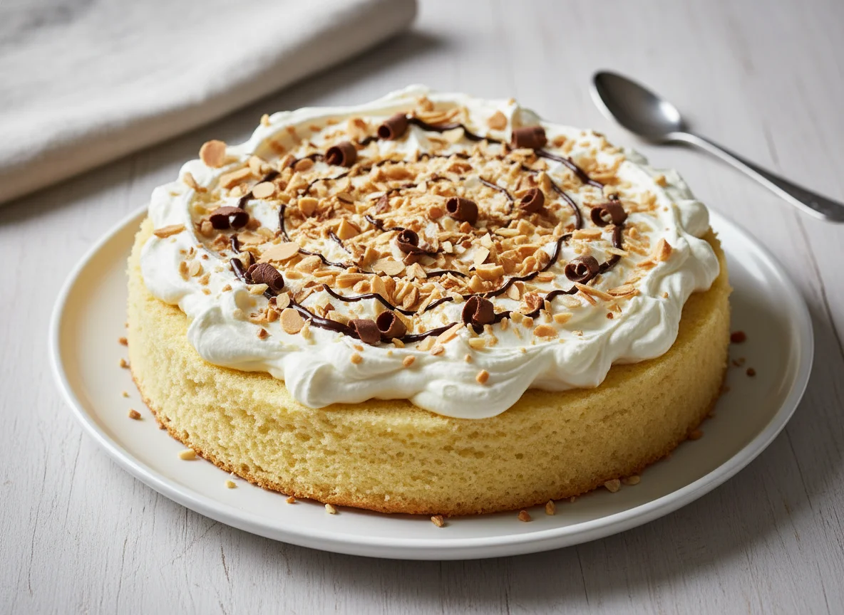 Tarta de bizcocho con crema y almendras photo