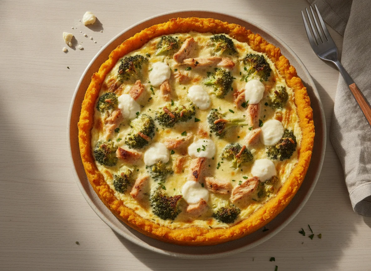 Tarta de brócoli y pollo con base de zapallo photo