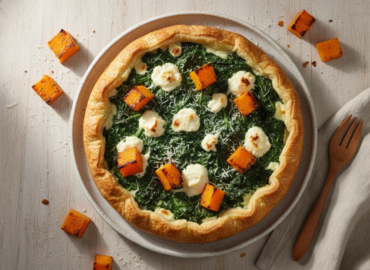 Tarta de espinaca con calabaza asada photo
