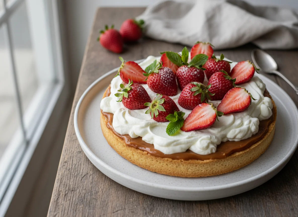 Tarta de fresas con dulce de leche y crema photo