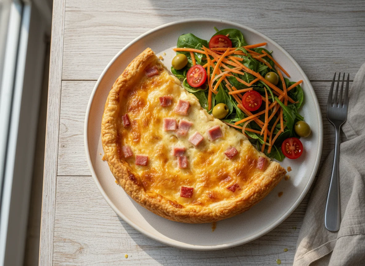 Tarta de jamón y queso con ensalada photo