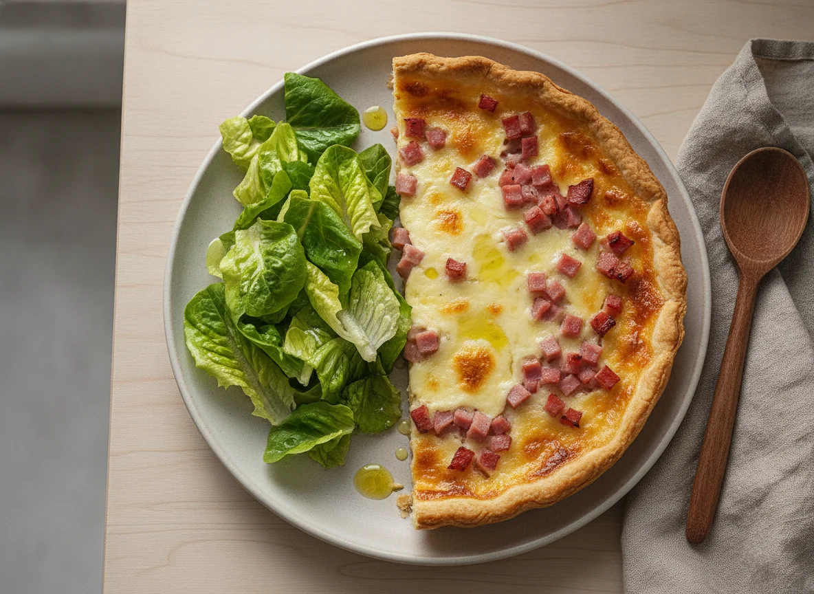 Tarta de jamón y queso con ensalada de lechuga photo