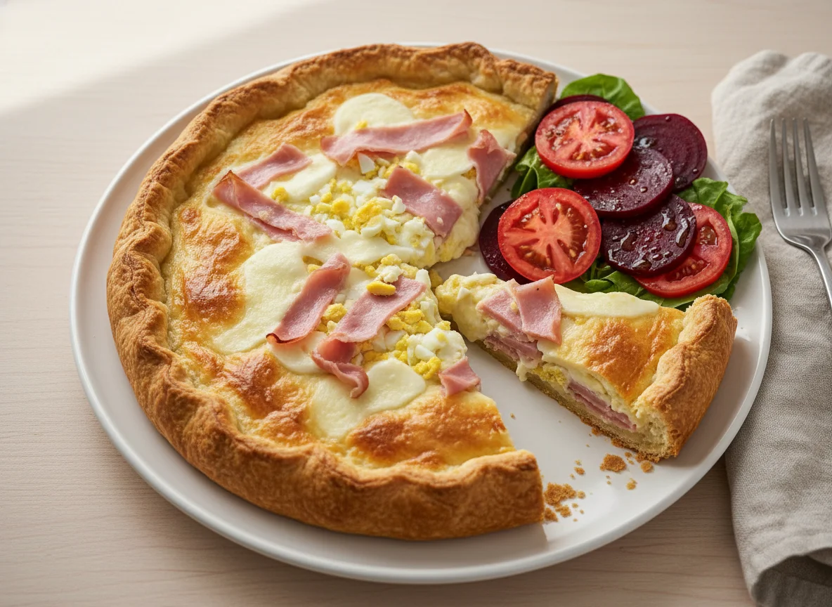 Tarta de jamón y queso con ensalada de tomate y remolacha photo