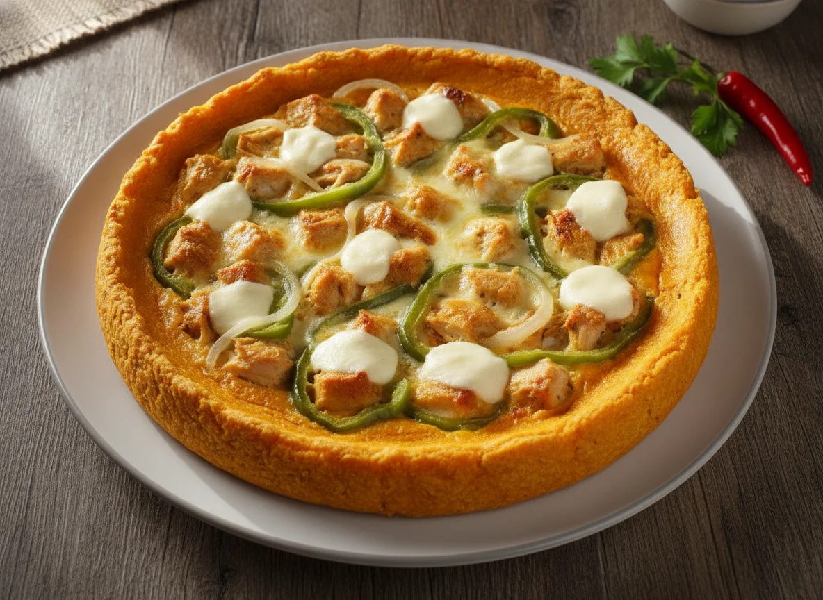 Tarta de pollo y vegetales con masa de calabaza photo