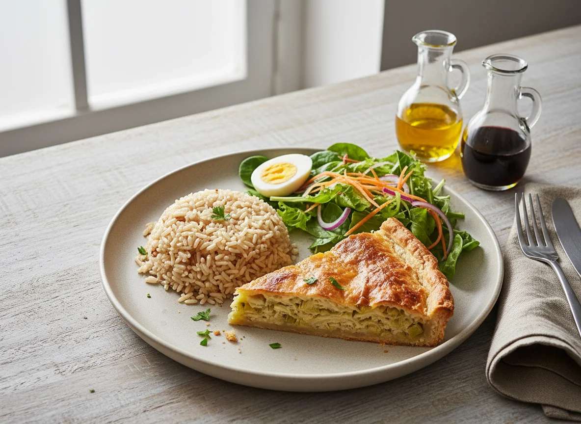 Tarta de puerros con arroz integral, ensalada y huevo duro photo
