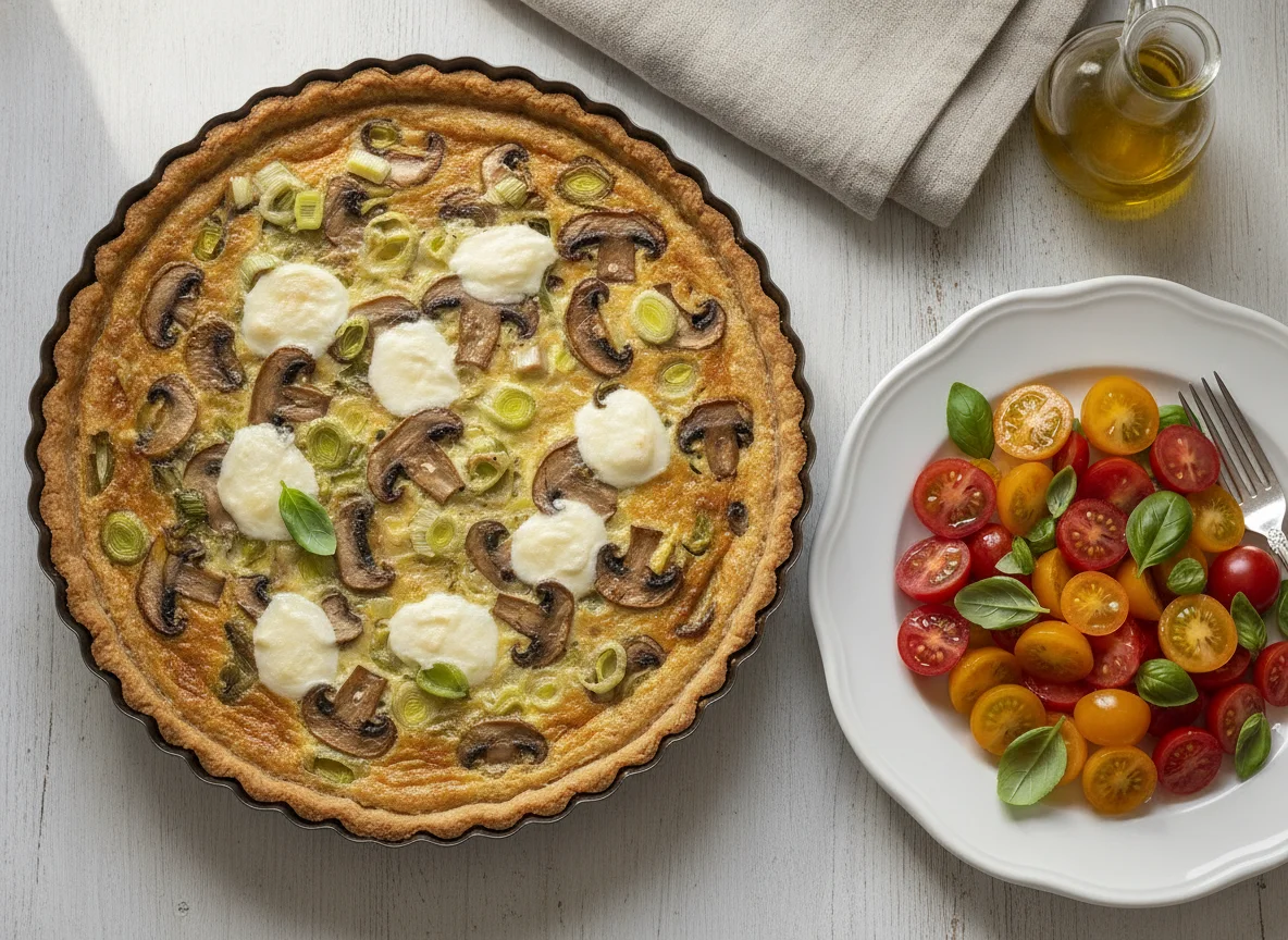 Tarta de puerros y champiñones con ensalada de tomates cherry photo