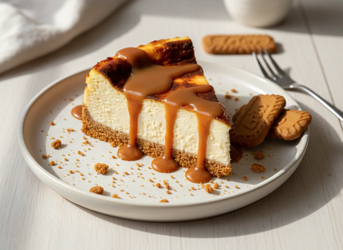 Tarta de queso con caramelo y galleta photo
