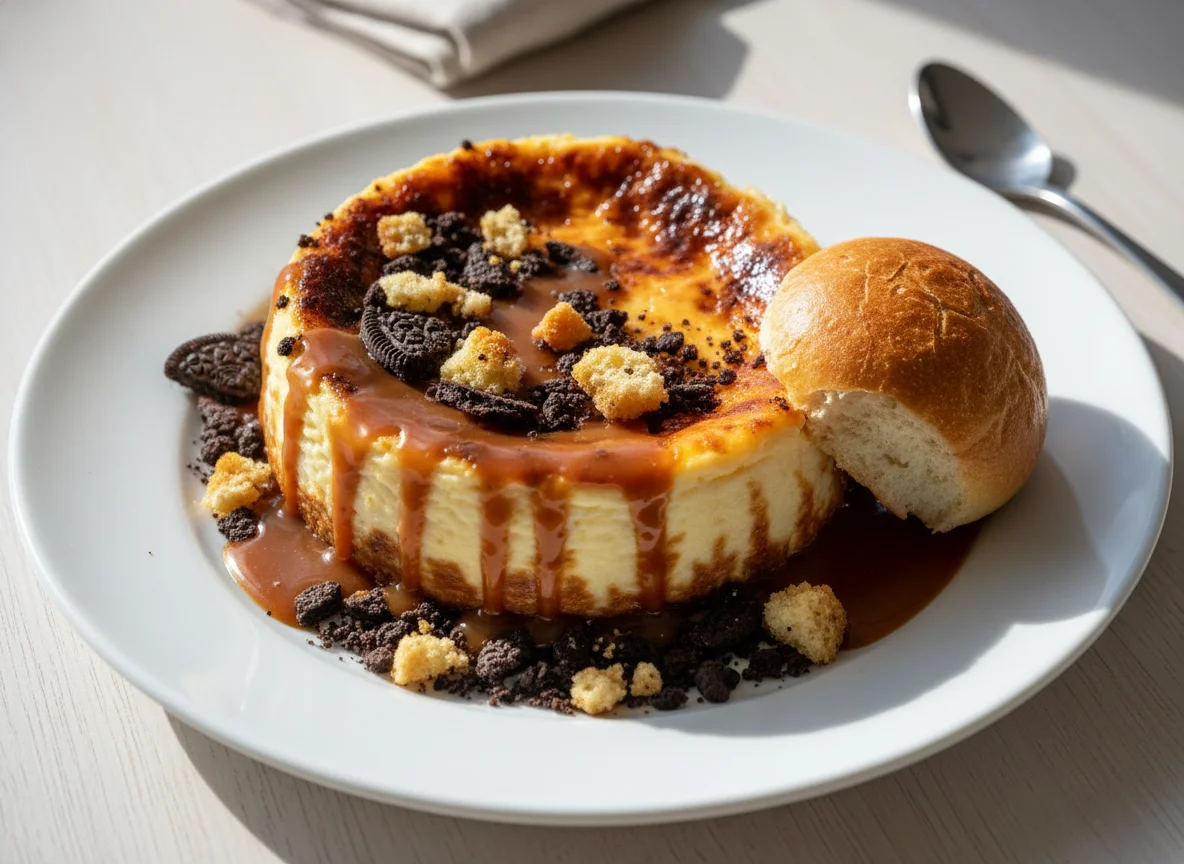Tarta de queso con caramelo y migas de chocolate photo