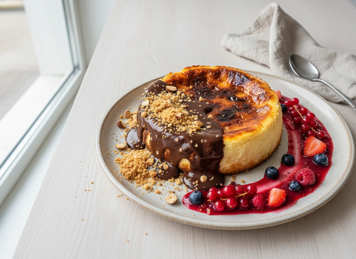 Tarta de queso con cobertura de chocolate y salsa de frutos rojos photo