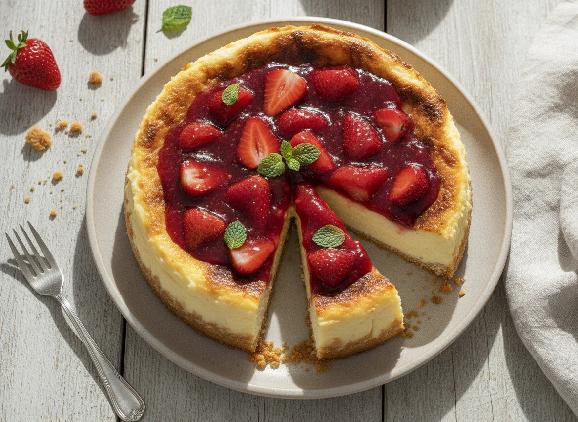 Tarta de queso con mermelada de fresa photo