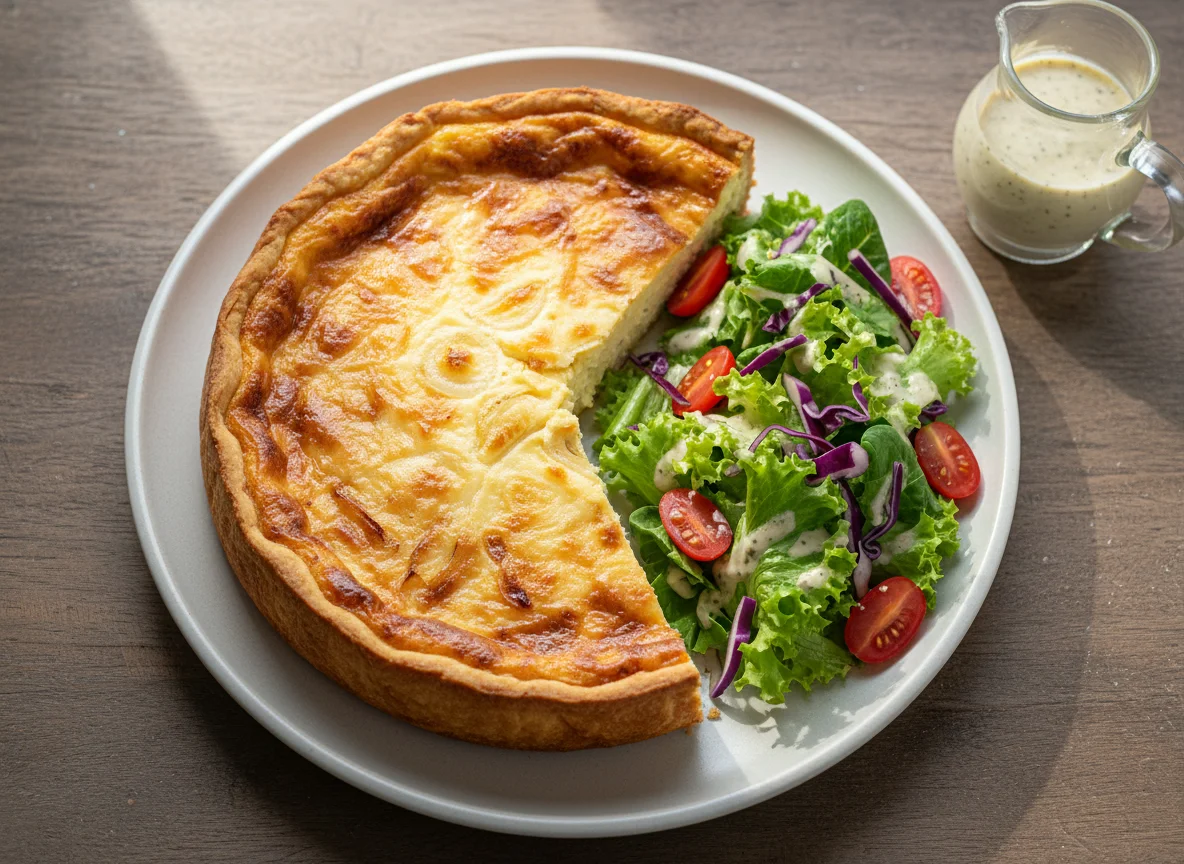 Tarta de queso y cebolla con ensalada photo