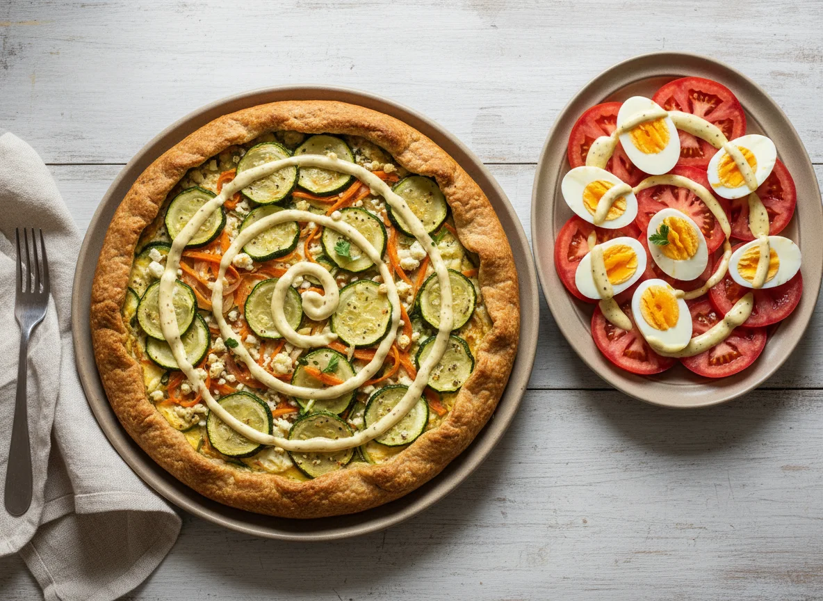 Tarta de verduras y ensalada de tomate y huevo photo
