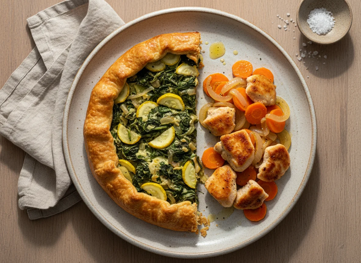 Tarta de verduras y pollo salteado con zanahorias photo