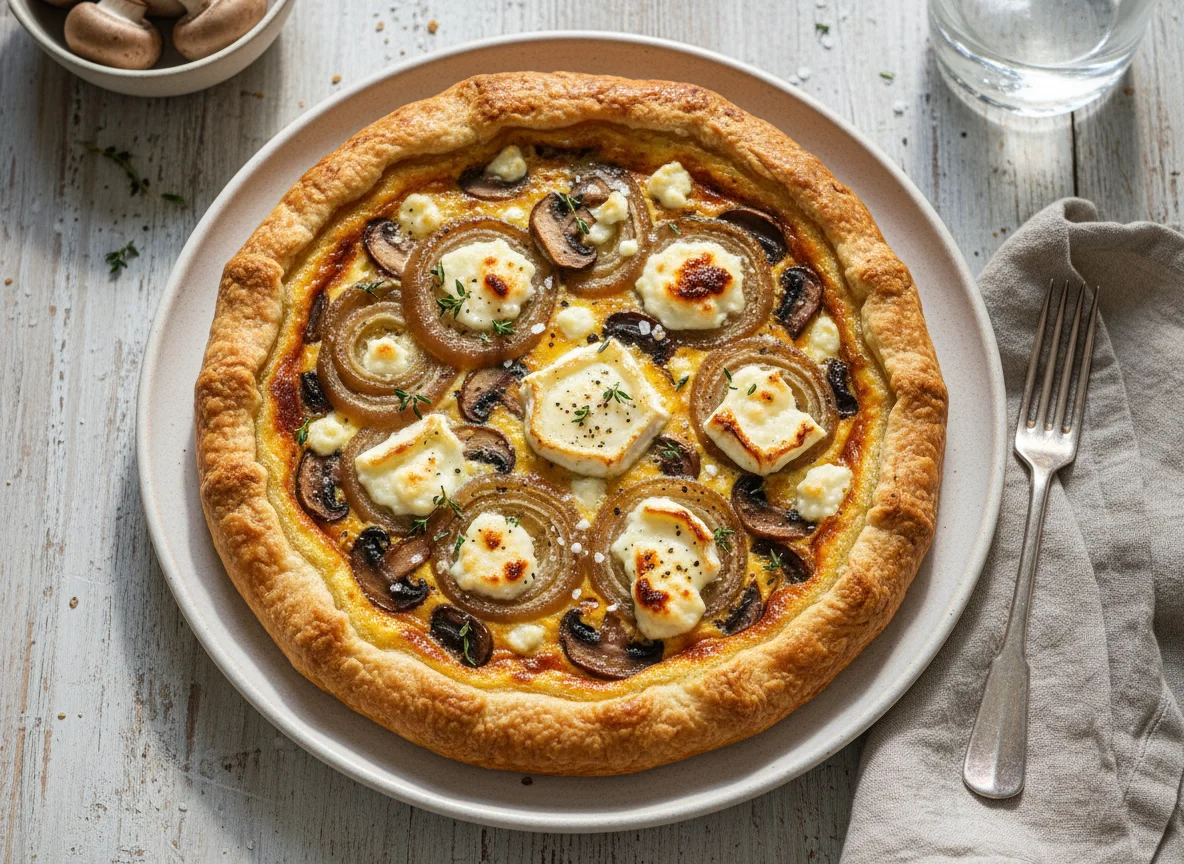 Tarta salada con cebolla caramelizada y queso photo