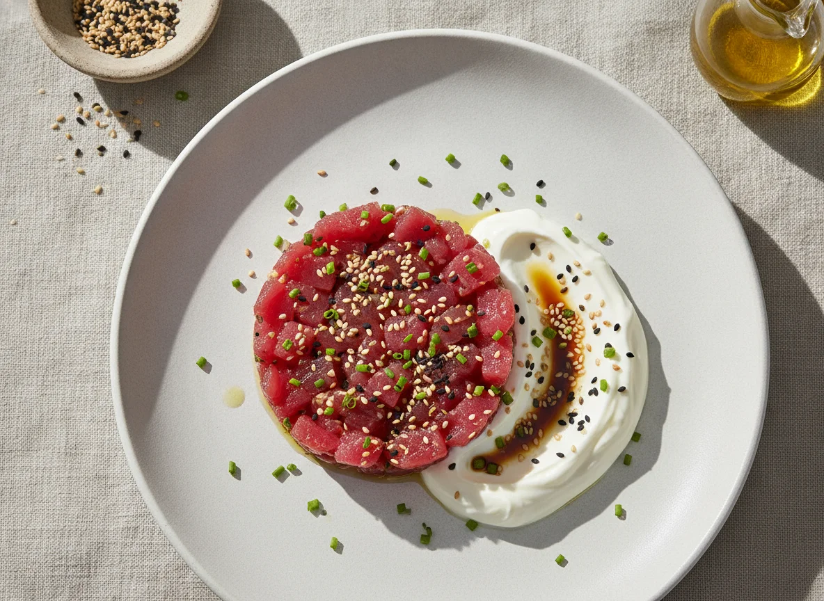 Tartar de atún con crema de yogur y sésamo photo