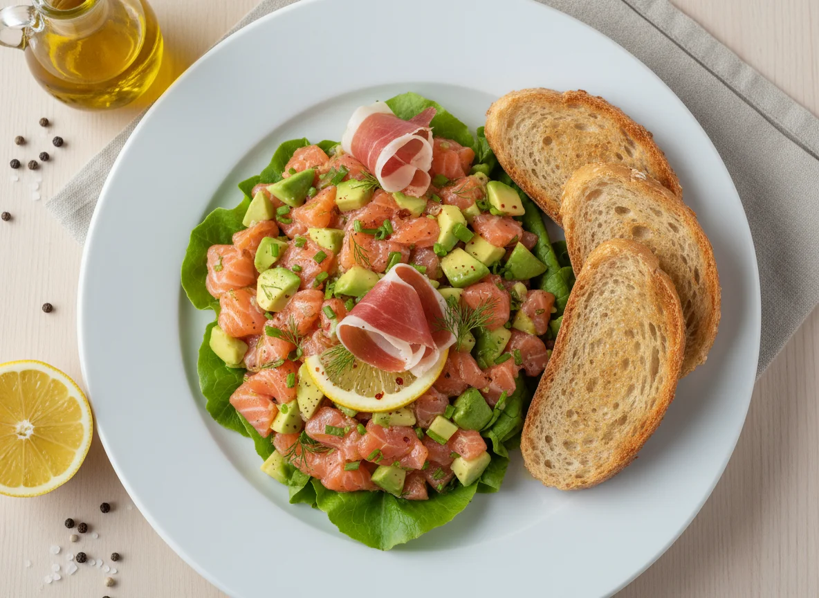 Tartar de salmón y palta con tostadas y jamón serrano photo