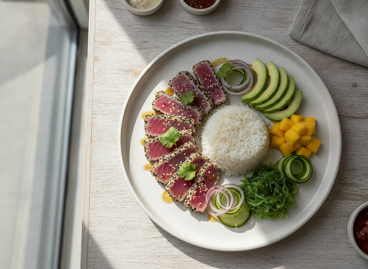 Tataki de atún con arroz y acompañamientos photo