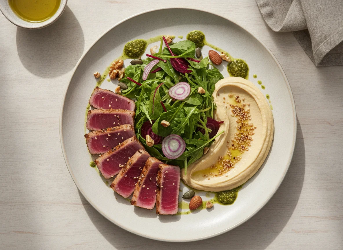 Tataki de Atún con Hummus y Ensalada photo