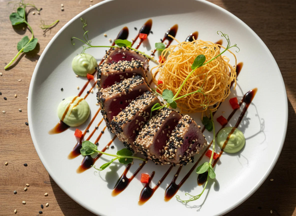 Tataki de atún con salsas y sésamo photo