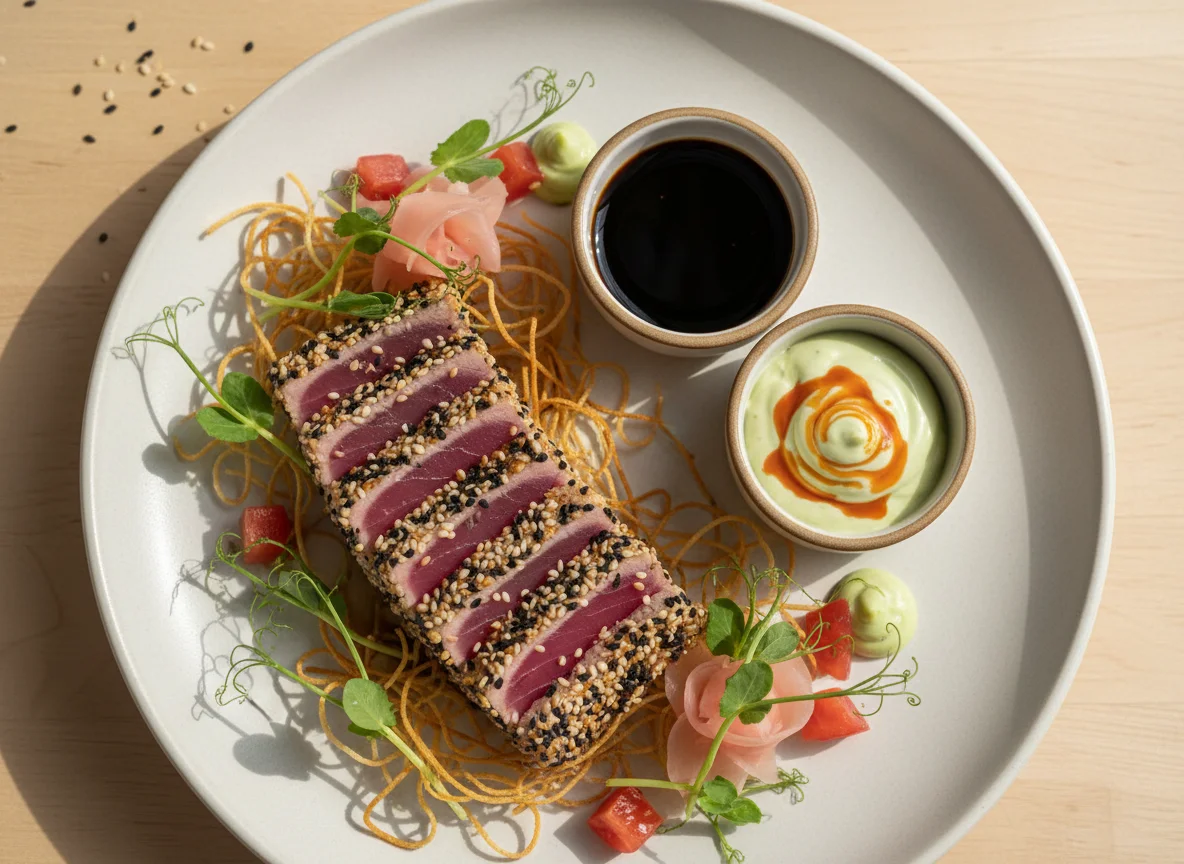 Tataki de atún con sésamo y salsas photo