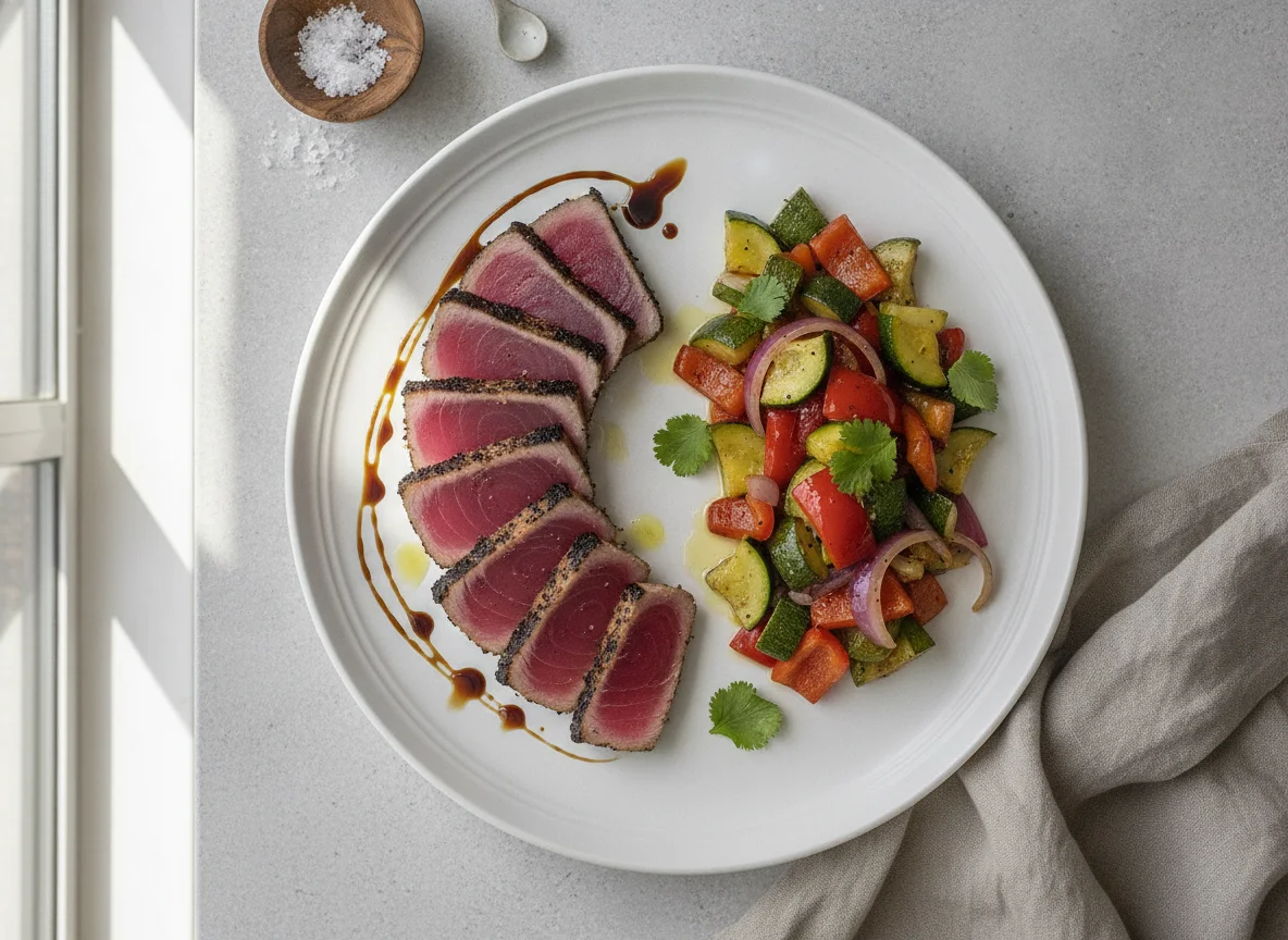 Tataki de atún con verduras salteadas photo