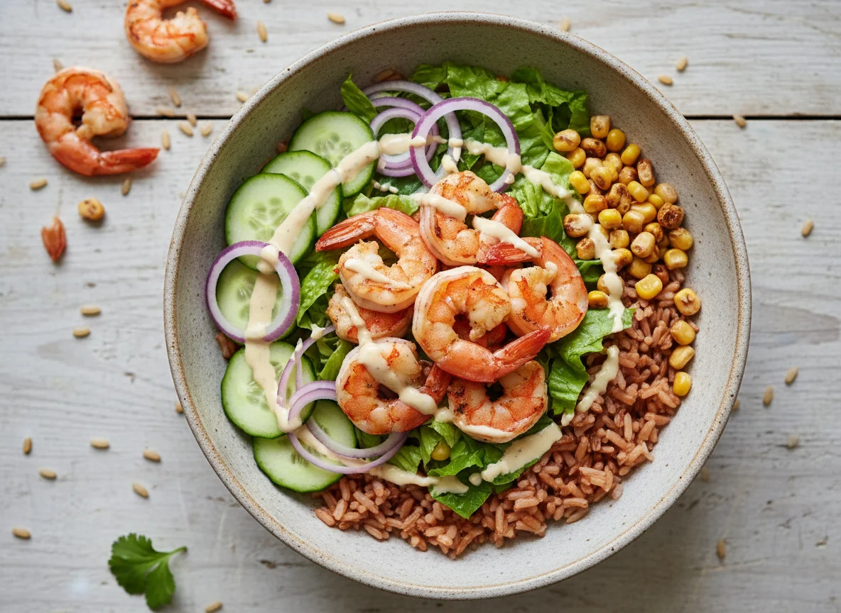 Tazón de arroz con camarones y verduras photo