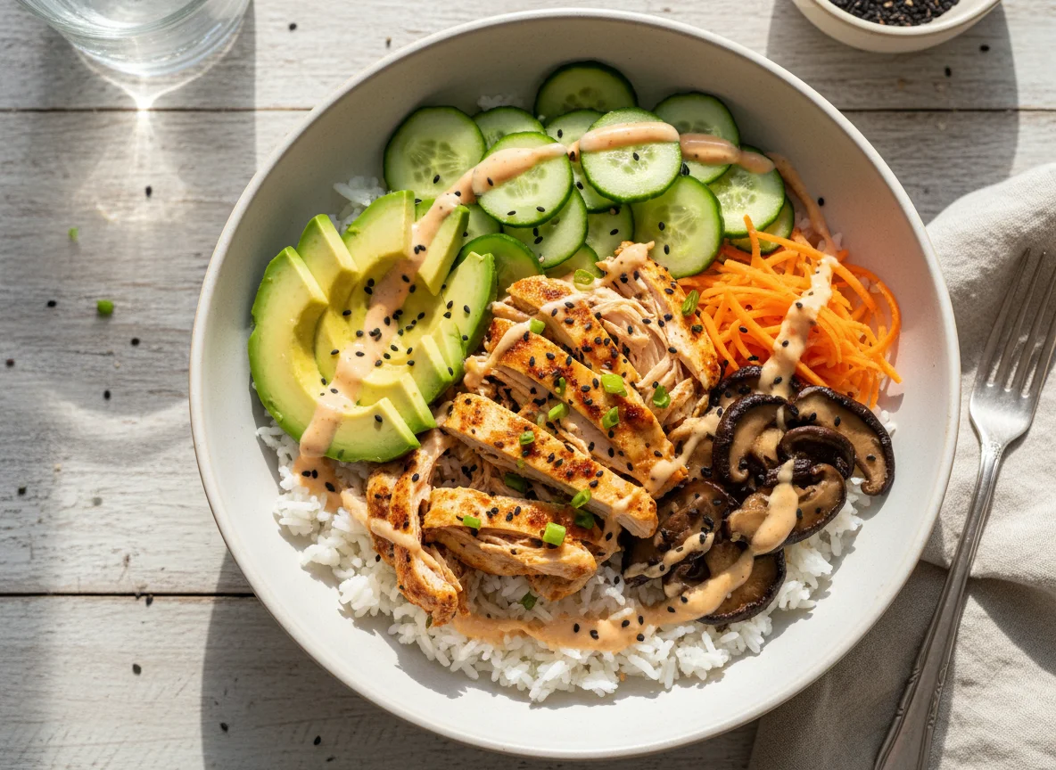 Tazón de arroz con pollo y vegetales photo