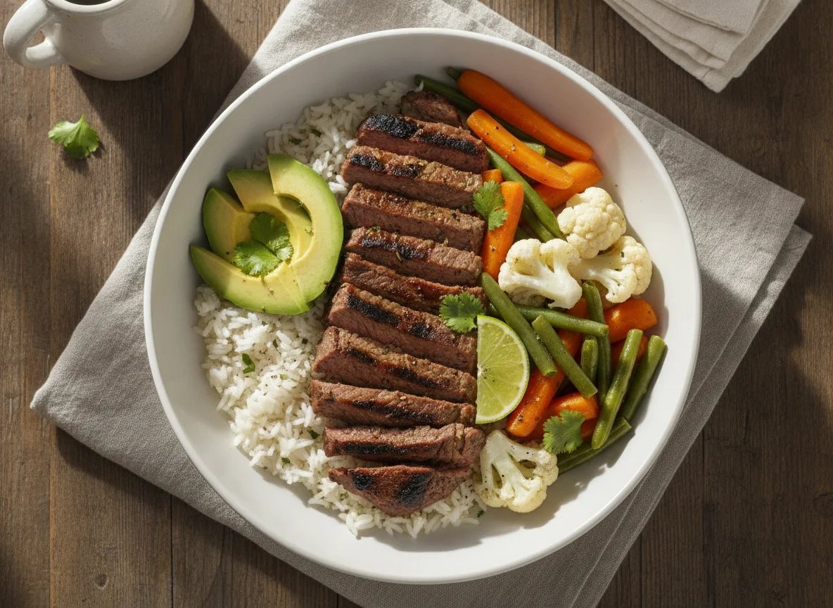 Tazón de carne asada con arroz y verduras photo