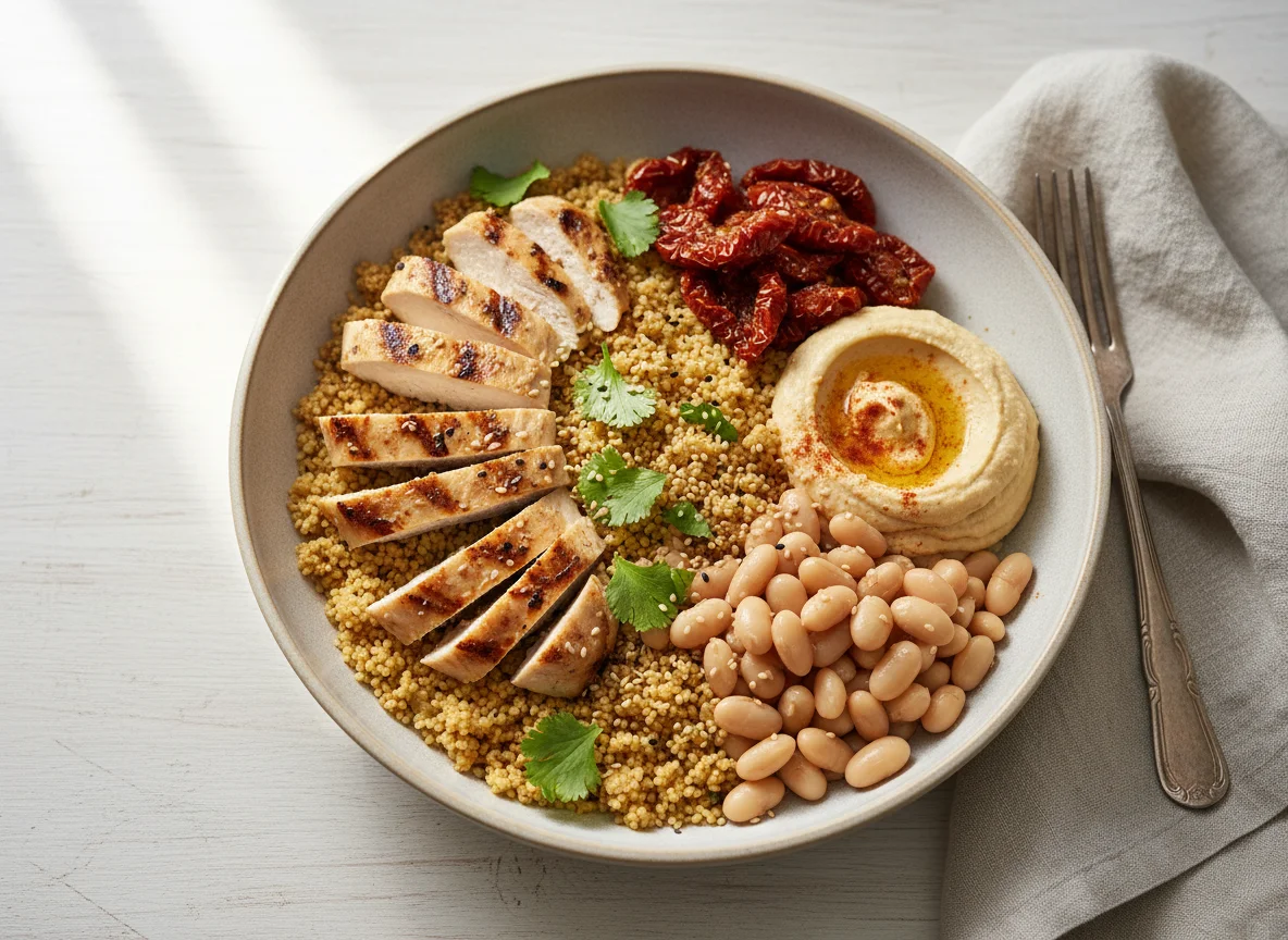 Tazón de cuscús con pollo, frijoles, tomates secos y hummus photo