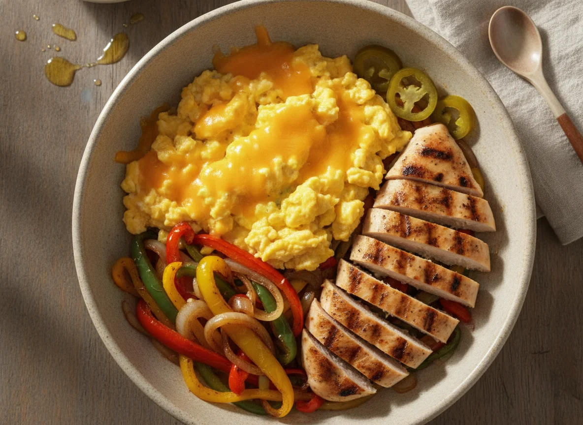 Tazón de desayuno con pollo y huevos photo