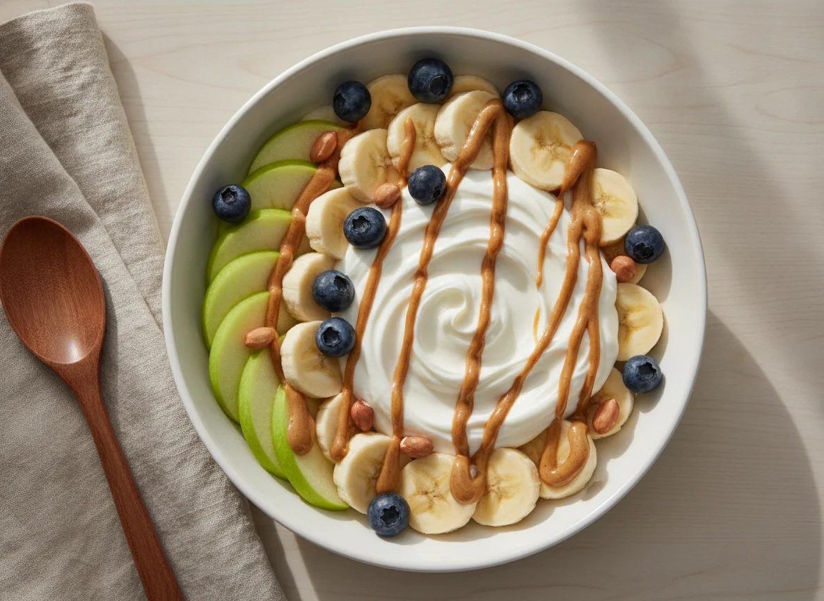 Tazón de frutas con yogur y crema de cacahuate photo