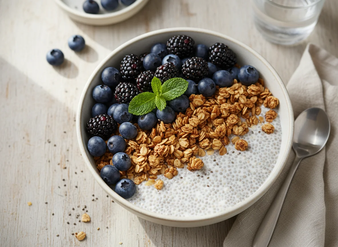Tazón de granola con bayas y pudín de chía photo