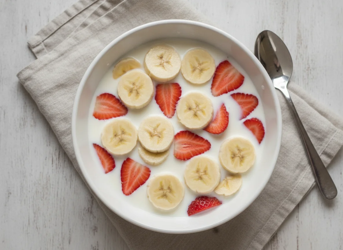 Tazón de leche con plátano y fresas photo