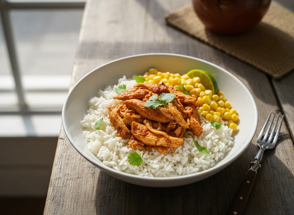 Tazón de pollo con arroz y elote photo