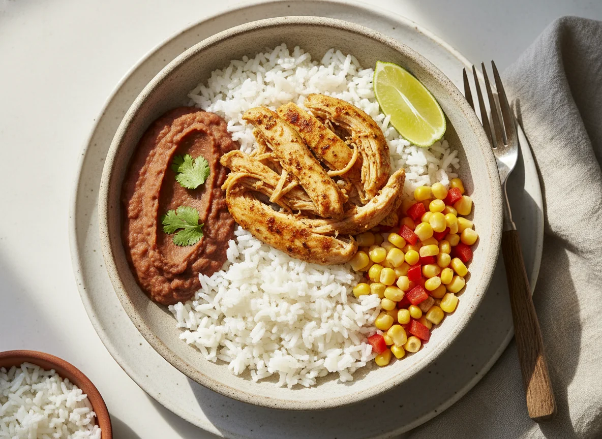 Tazón de pollo con arroz y frijoles photo