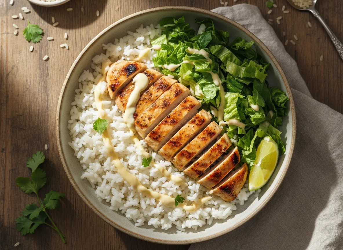 Tazón de pollo con arroz y lechuga photo