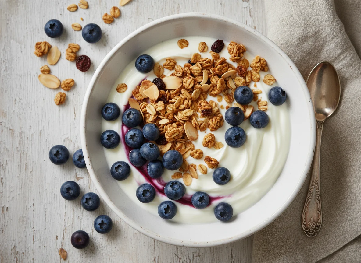 Tazón de yogur con arándanos, almendras y granola photo