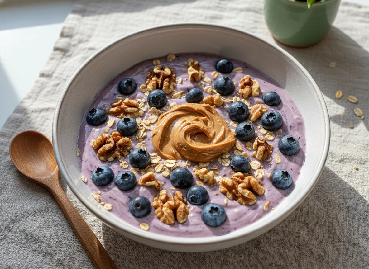 Tazón de yogur con avena, arándanos, nueces y mantequilla de maní photo