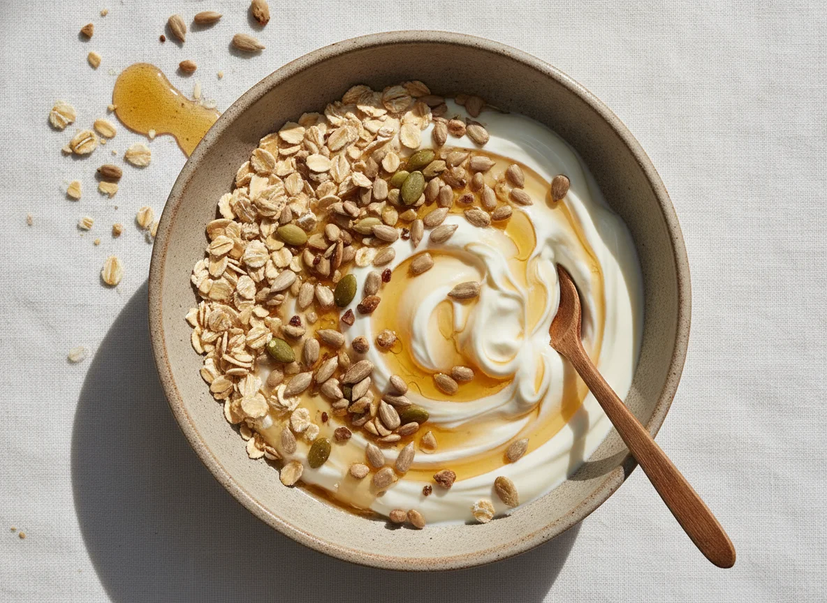 Tazón de yogur con avena, semillas y miel photo