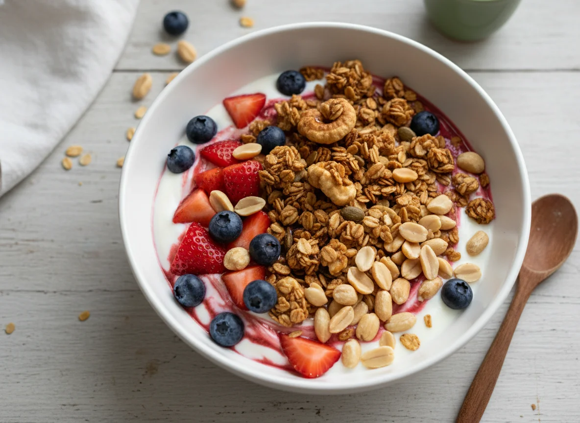 Tazón de yogur con frutas, granola y cacahuetes photo