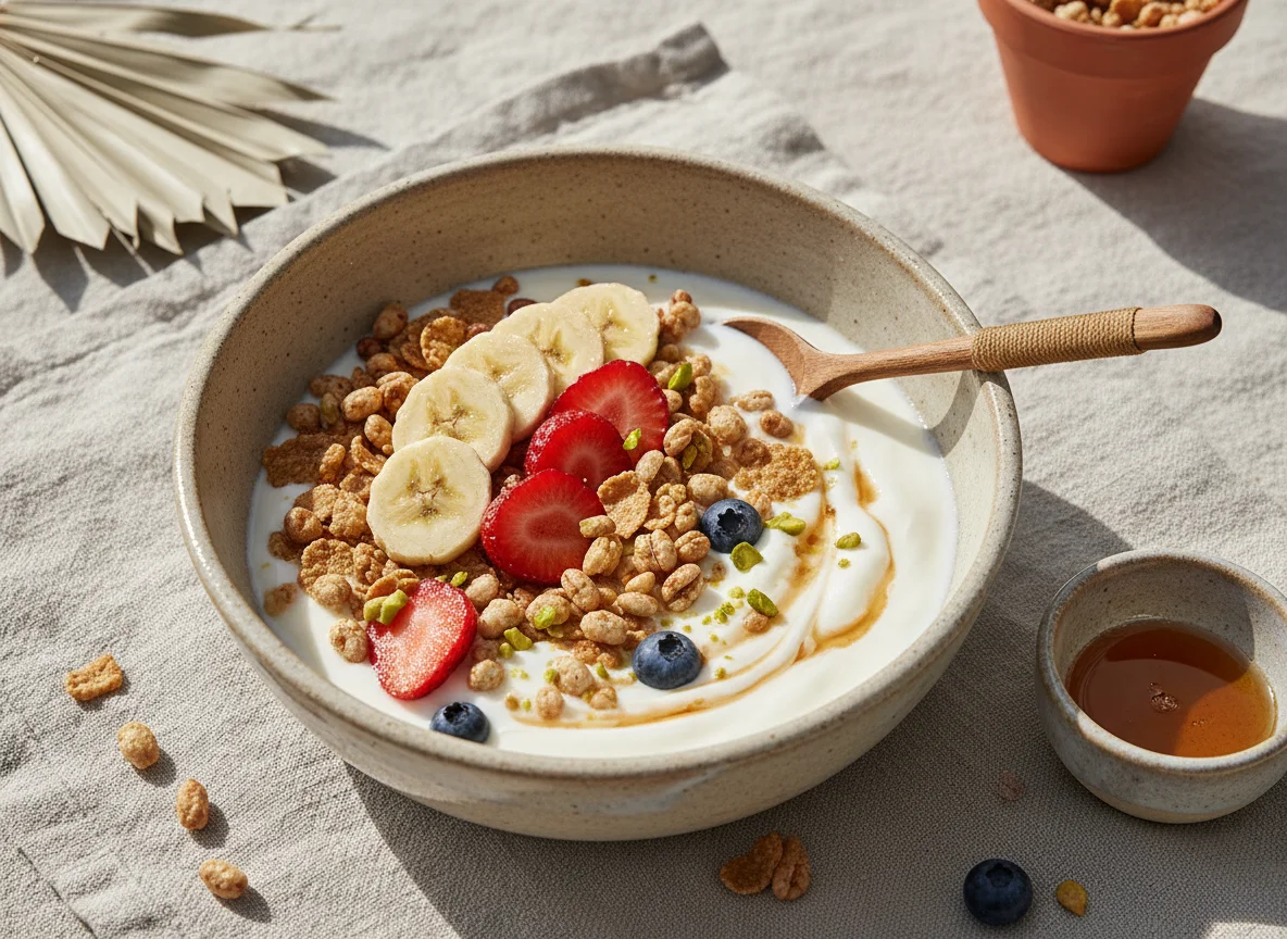 Tazón de yogur con frutas y cereal photo