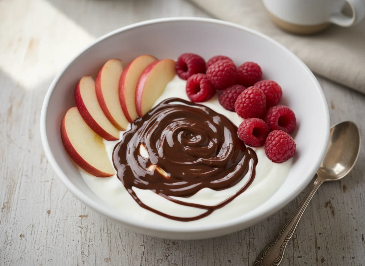 Tazón de yogur con frutas y salsa de chocolate photo